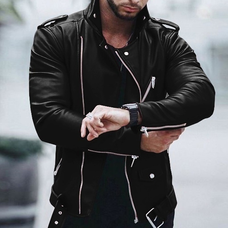 Men's Faux Leather Jacket Transition Jacket Jacket Biker Jacket Outdoor Street Thermal Warm Windproof Pocket Spring Fall Solid Color Streetwear Sporty Turndown Regular Faux Leather Regular Fit Black3