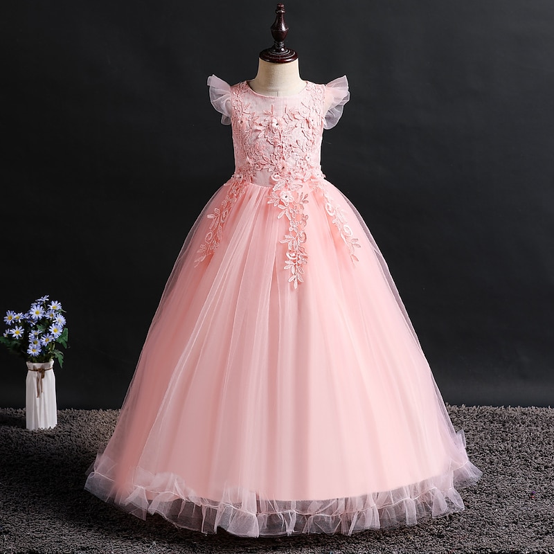 Kids Girls' Flower Girl Dress Dress Jacquard Sleeveless Wedding Party Special Occasion Mesh Cute Princess Polyester Maxi Pink Princess Dress Flower Girl's Dress Summer Spring Fall 4-12 Years Yellow