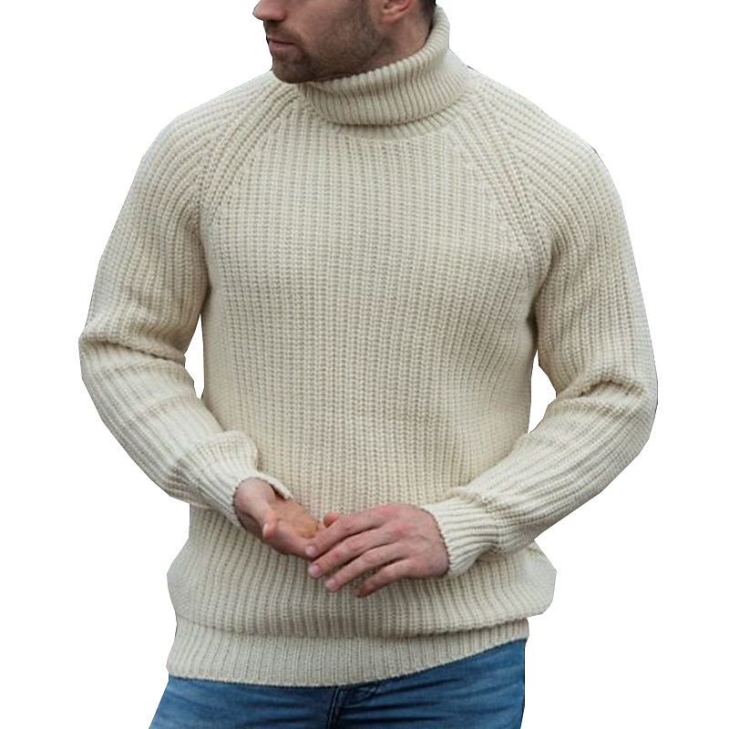 Men's Turtleneck Sweater Sweater Pullover Sweater Jumper Cable Chunky Knit Knitted Solid Color Turtleneck Stylish Casual Outdoor Home Clothing Apparel Fall Winter Beige M L XL3
