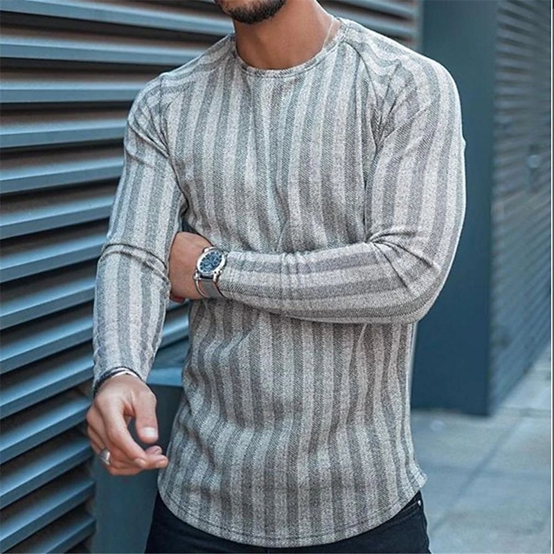 Men's T Shirt Long Sleeve Shirt Long Sleeve Crew Neck Spring & Summer Striped Fashion Lightweight Muscle Vacation Casual Holiday Dark Gray Coffee Gray Top Tee for Men4