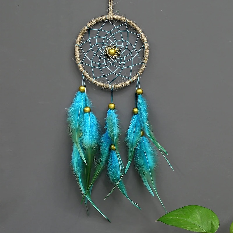 Dream Catcher Handmade Gift Blue Feather Hanging Beads Wall Hanging Decorative Art Boho Style 11*40cm