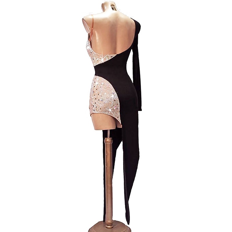 Dance Salsa Latin Dance Dress Crystals Costumes/ Rhinestones Women's Training Performance Party Long Sleeve High Spandex/One Shoulder2