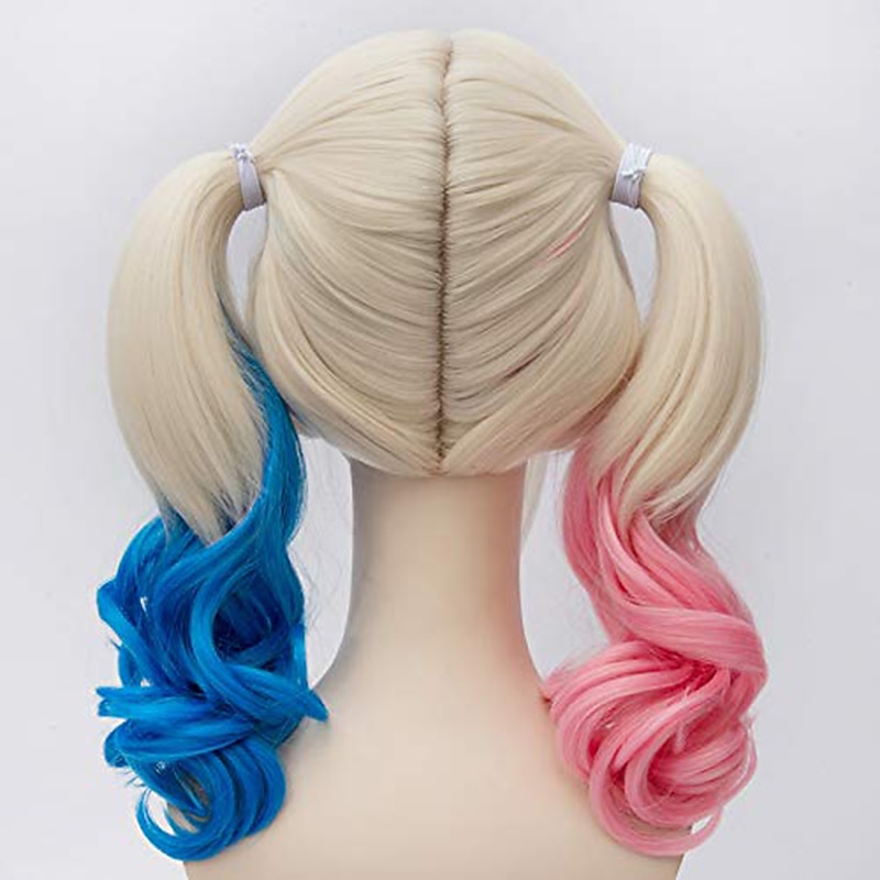 Harley Quinn  Probeauty Ponytail Wigs Blonde Pink Blue Ponytail Wavy Synthetic Cosplay Wig (Long Pink Blue Mix Blonde)3