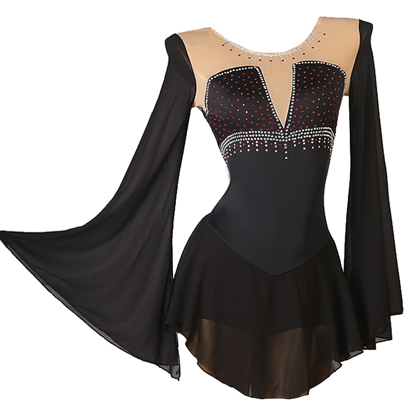 Figure Skating Dress Women's Girls' Ice Skating Dress Outfits Black Burgundy Royal Blue Patchwork Mesh Spandex High Elasticity Training Practice Professional Skating Wear Handmade Classic Crystal2