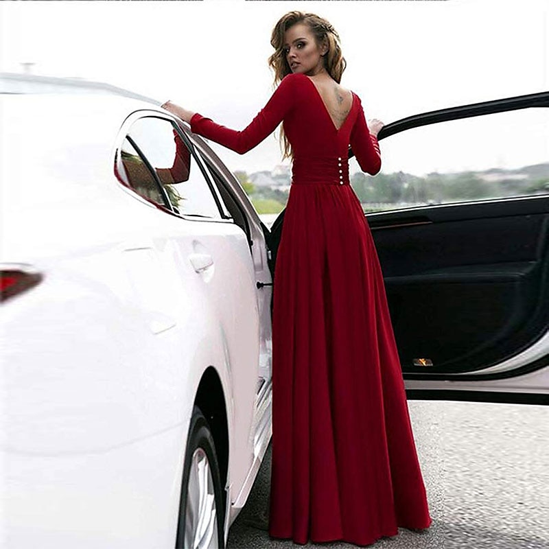 A-Line Evening Gown Empire Black Dress Holiday Wedding Guest Floor Length Long Sleeve V Neck Chiffon V Back with Slit Pure Color Masquerade Dress to impress4