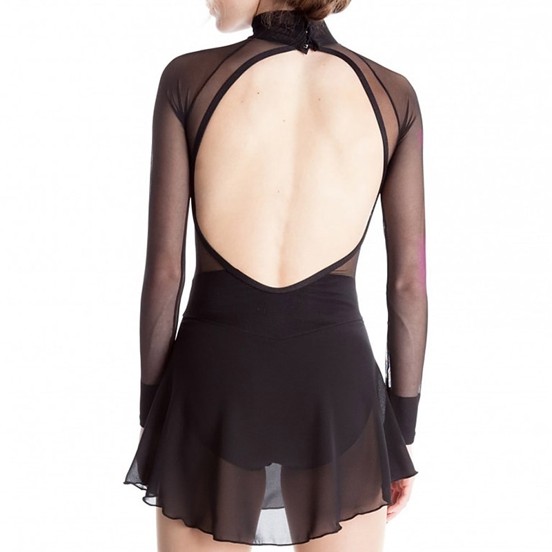 Figure Skating Dress Women's Girls' Ice Skating Dress Outfits Black Red Navy Blue Open Back Mesh Spandex High Elasticity Training Practice Competition Skating Wear Patchwork Long Sleeve Ice Skating2