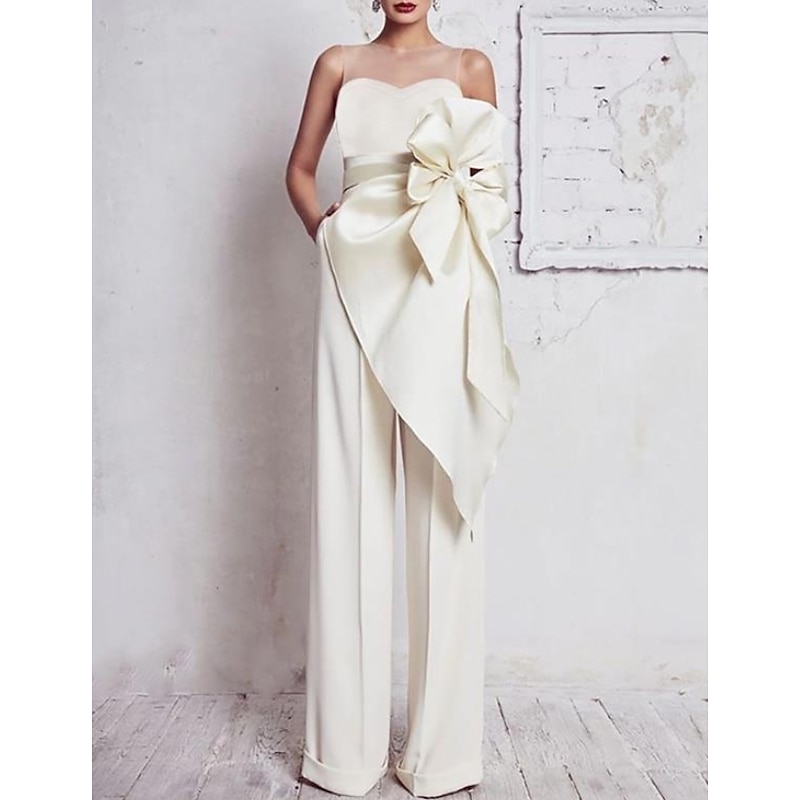 Bridal Shower Wedding Dresses Jumpsuits Sweetheart Strapless Floor Length Satin Bridal Gowns With Bow(s) Ruffles