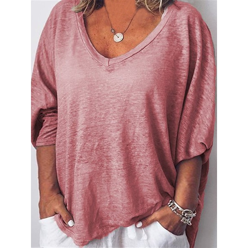 Women's Plus Size T Shirt Plain Basic Casual Short Sleeve V Neck Vacation Daily Sports White Pink Brown khaki Gray Spring Fall2