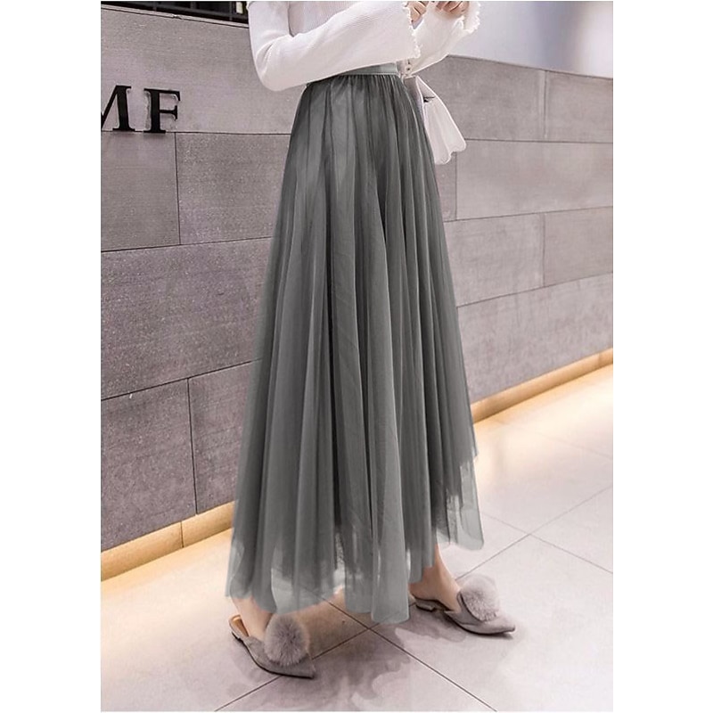 Women's Skirt & Dress Swing Tutu Long Skirt Maxi Skirts Pleated Layered Tulle Solid Colored Street Prom Summer Elegant Vintage Black Pink Khaki Beige4
