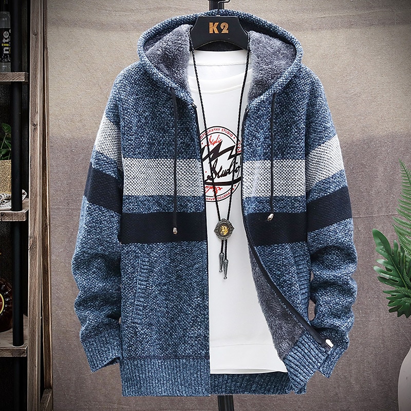 Men's Sweater Cardigan Sweater Hoodie Zip Sweater Sweater Jacket Knit Knitted Color Block Hooded Stylish Outdoor Home Clothing Apparel Fall Winter Wine Navy Blue S M L3