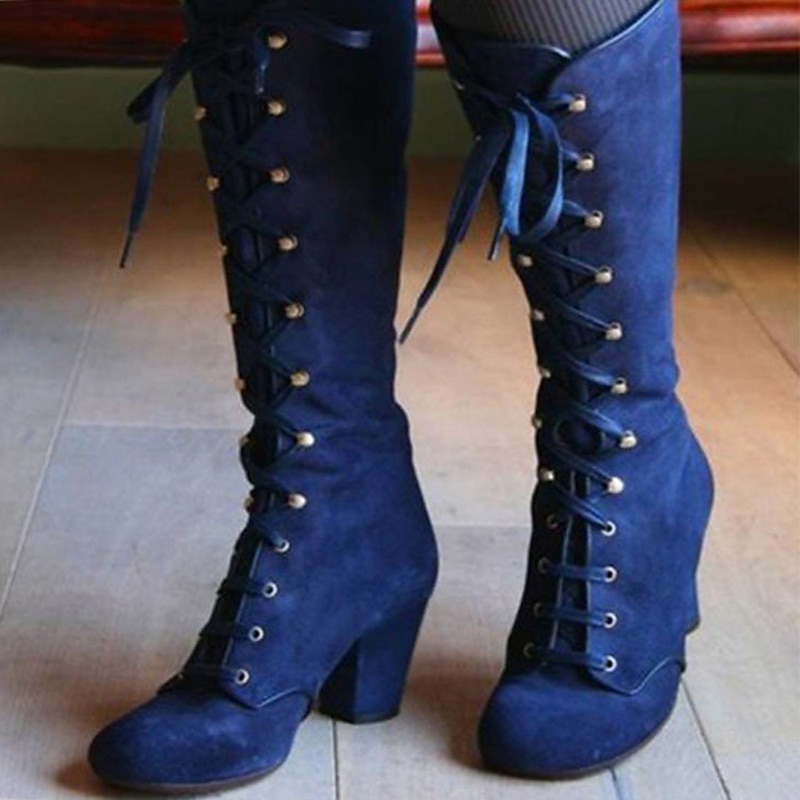 Women's Blue Knee-High Lace-Up Boots with Block Heels for Fashion and Casual Wear2