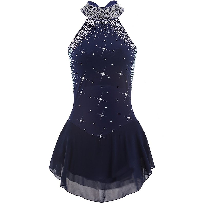 Figure Skating Dress Women's Girls' Ice Skating Dress Outfits Dark Navy Open Back Mesh Spandex High Elasticity Training Practice Professional Skating Wear Handmade Crystal / Rhinestone Sleeveless Ice