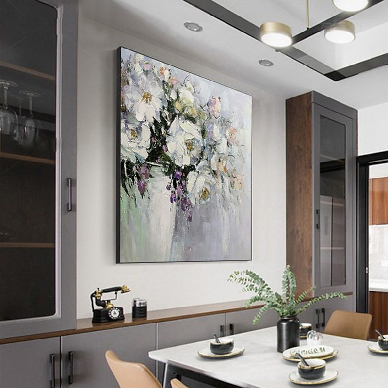 Handmade Oil Painting Canvas Wall Art Decoration Abstract Floral Painting White Peonies for Home Decor Rolled Frameless Unstretched Painting3