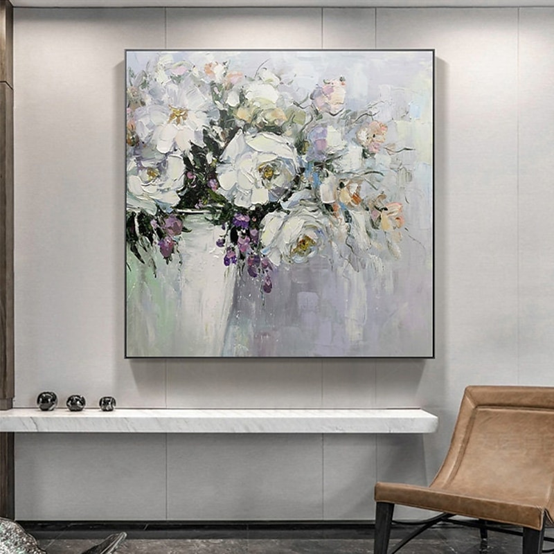 Handmade Oil Painting Canvas Wall Art Decoration Abstract Floral Painting White Peonies for Home Decor Rolled Frameless Unstretched Painting