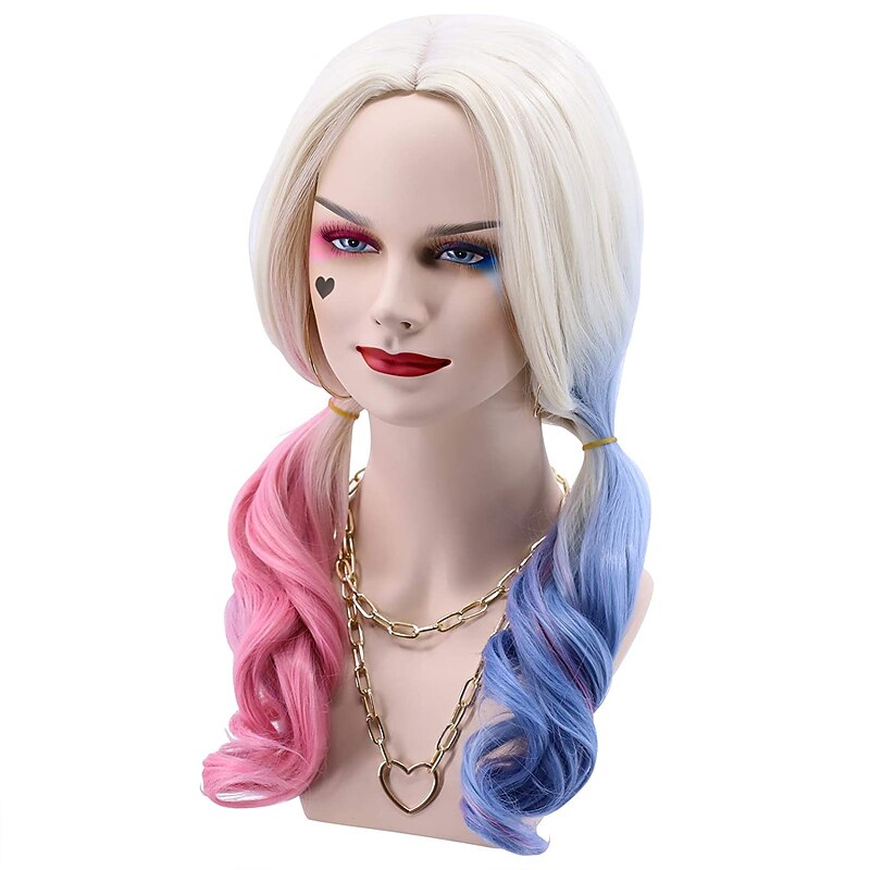 Harley Quinn  Cfalaicos Long Wavy Dyeing Color Pink Blue Cosplay Wig for Women  Party  Wigs Halloween Wigs2