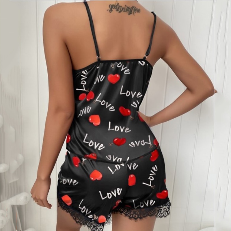 Women's Pajamas Nighty Pjs Sets 2 Pieces Heart Letter Fashion Hot Gothic Home Bed Satin Silk Breathable Gift V Wire Sleeveless Strap Top Shorts Elastic Waist Print Summer Spring Home Outfits2