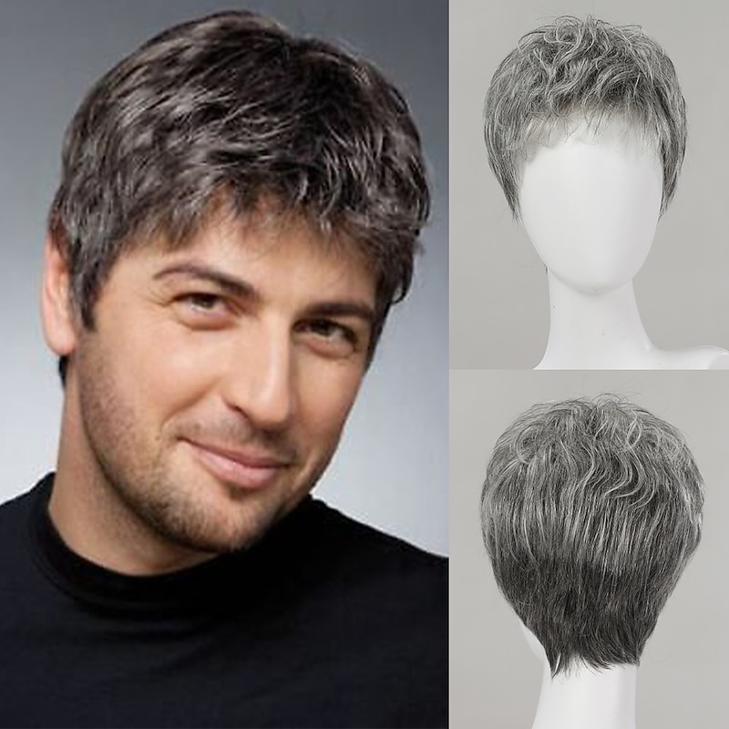 Human Hair Blend Wig Short Loose Curl Water Wave Pixie Cut Side Part Layered Haircut Asymmetrical Dark Gray Cosplay Curler & straightener Natural Hairline Capless Burmese Hair Chinese Hair Men's All