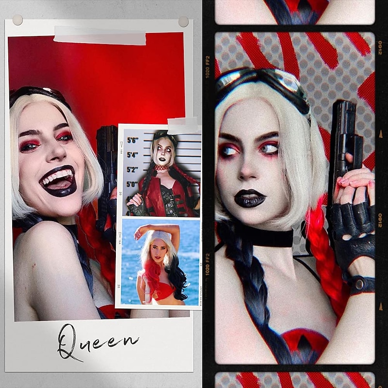Harley Quinn Wig Clown Wig Long Blonde Wig with Red and Black Braided Wigs Ponytails Pigtails Clown Cosplay  Cosplay  Women 2021 Halloween Wig2