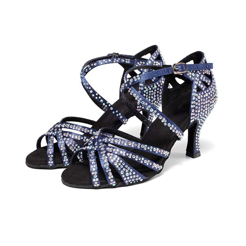 Women's Rhinestone Ballroom Dance Heels – Strappy Latin Salsa Shoes with Suede Sole, Perfect for Performance and Competitive Dancing 11