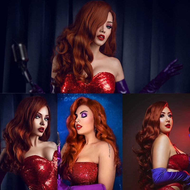 28inch Jessica Rabbit Long Wavy Copper Red Cosplay Wig Spiral Curly Anime Heat Resistant Hair for Women Halloween Wigs4