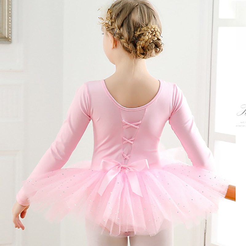 Kids' Dancewear Ballet Dress Bowknot Solid Splicing Girls' Training Performance Long Sleeve High Cotton Blend Tulle2