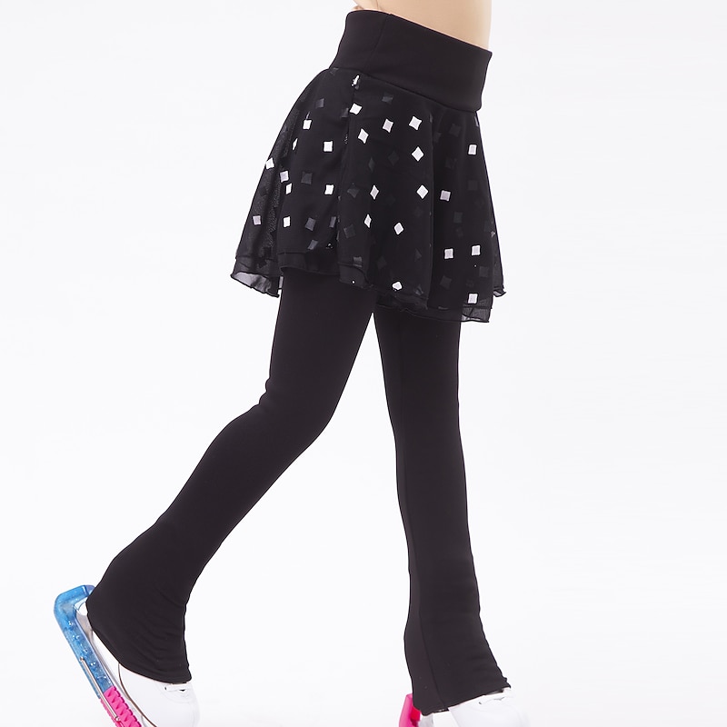 Figure Skating Pants Women's Girls' Ice Skating Skirt Leggings Outfits Black+White Patchwork Fleece Mesh High Elasticity Training Practice Competition Skating Wear Thermal Warm Handmade Ice Skating4
