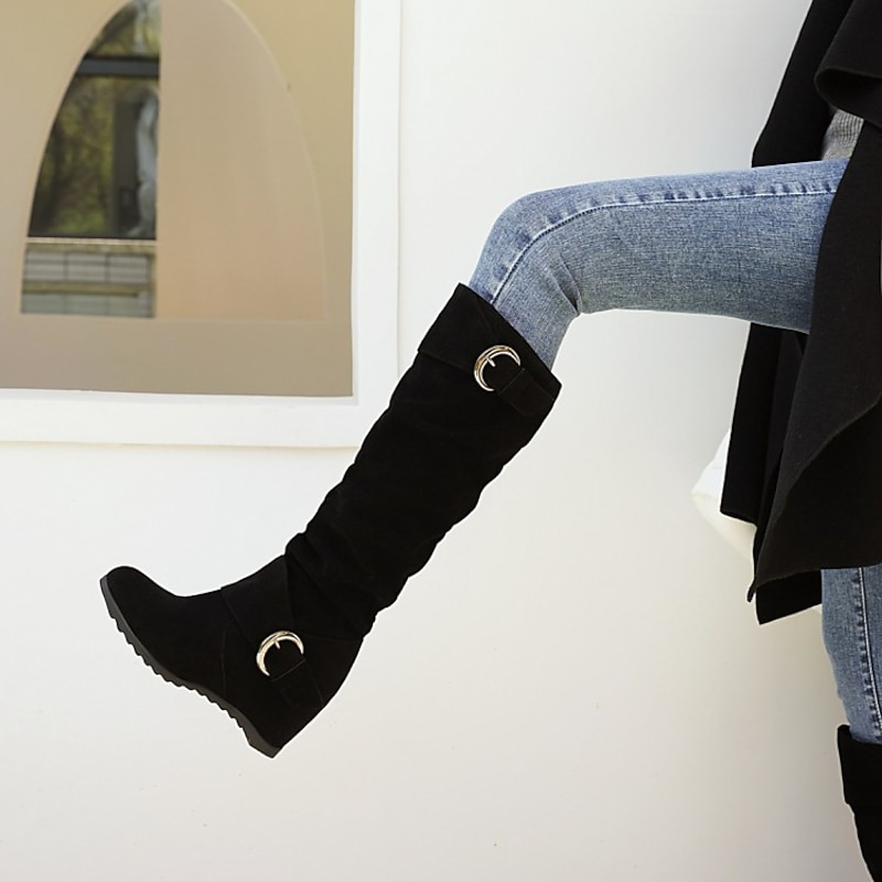 Women's Black Slouchy Faux Suede Knee-High Boots with Buckle Straps, Casual Vintage Style for Fall and Winter Outfits