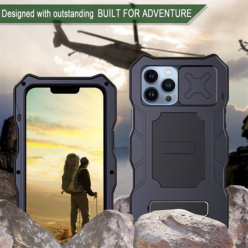 Phone Case For iPhone 14 Pro Max Plus 13 12 Pro Max Heavy Duty with Stand Holder Camera Lens Protector with Wrist Strap TPU Metal2