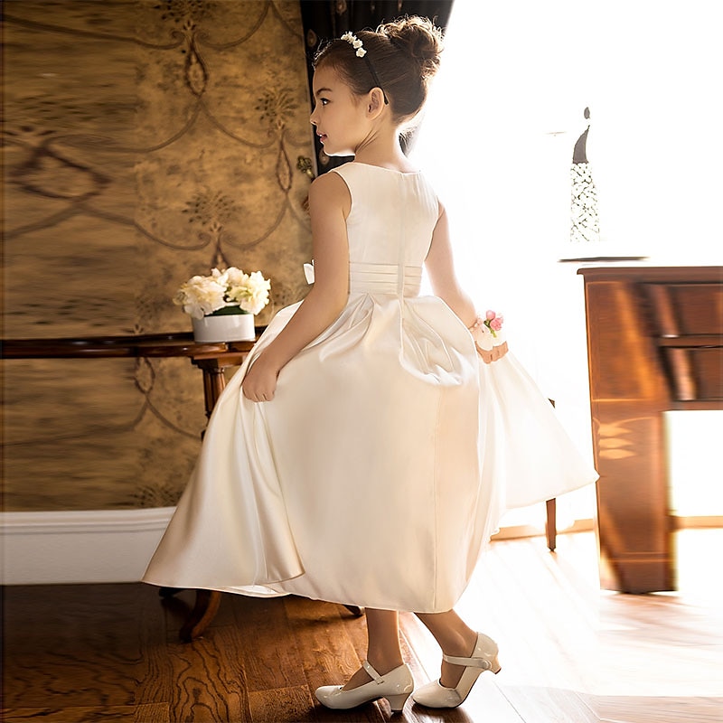 A-Line Ankle Length Flower Girl Dress First Communion Girls Cute Prom Dress Satin with Bow(s) Elegant Fit 3-16 Years dress to impress4