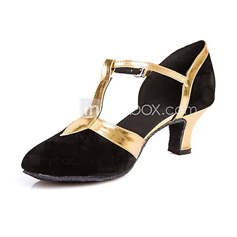 Women's Ballroom Dance Shoes Modern Dance Shoes Salsa Shoes Line Dance Heel Splicing Cuban Heel Buckle T-Strap Black and Gold Black2