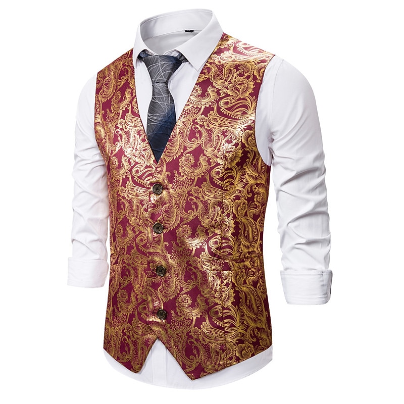 Men's Vest Gilet Wedding Smart Casual Polyester Geometric V Neck Skinny Red Purple Gold Vest3