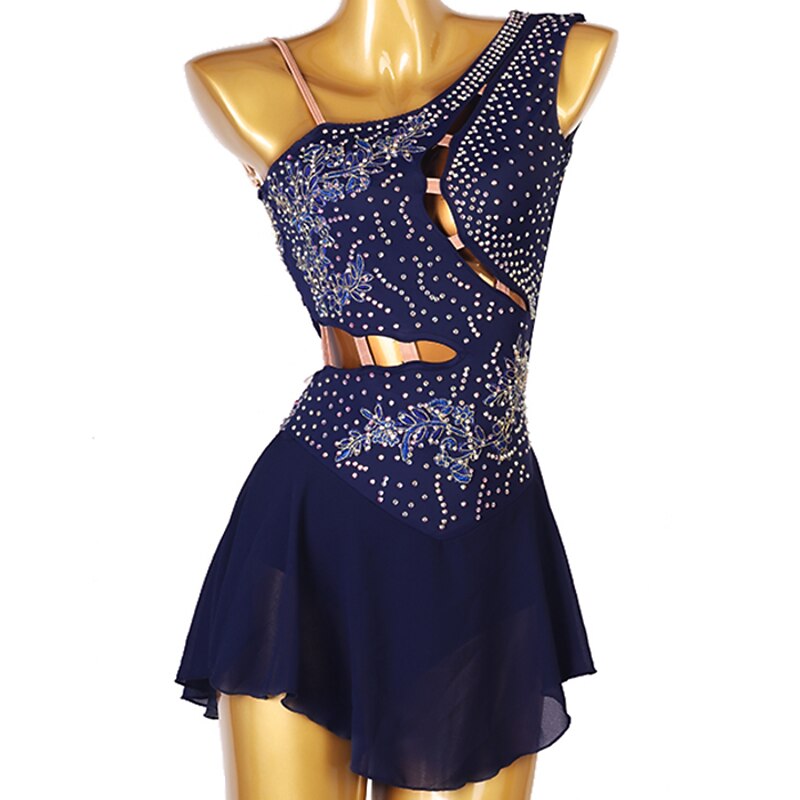 Figure Skating Dress Women's Girls' Ice Skating Dress Outfits White Dark Navy Red Flower Open Back Mesh Spandex High Elasticity Professional Competition Skating Wear Handmade Classic Crystal