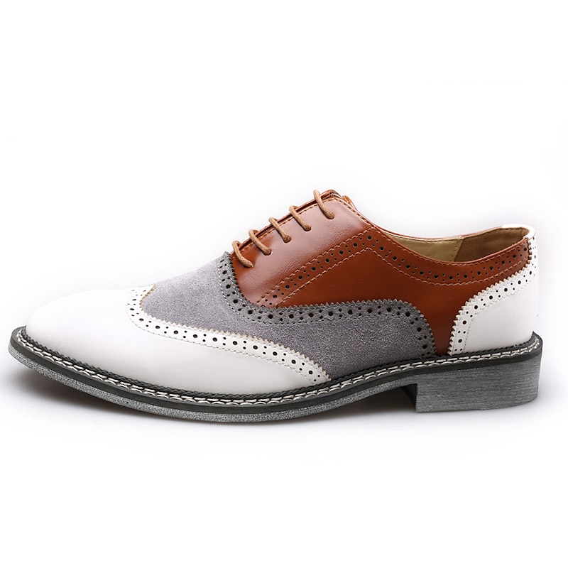 Men's Gatsby-Inspired Wingtip Spectator Oxford Shoes in White, Suede Grey, and Brown, Vintage Brogue Leather Dress Shoes for 1920s Wedding, Jazz Garden Party, and Formal Events 9
