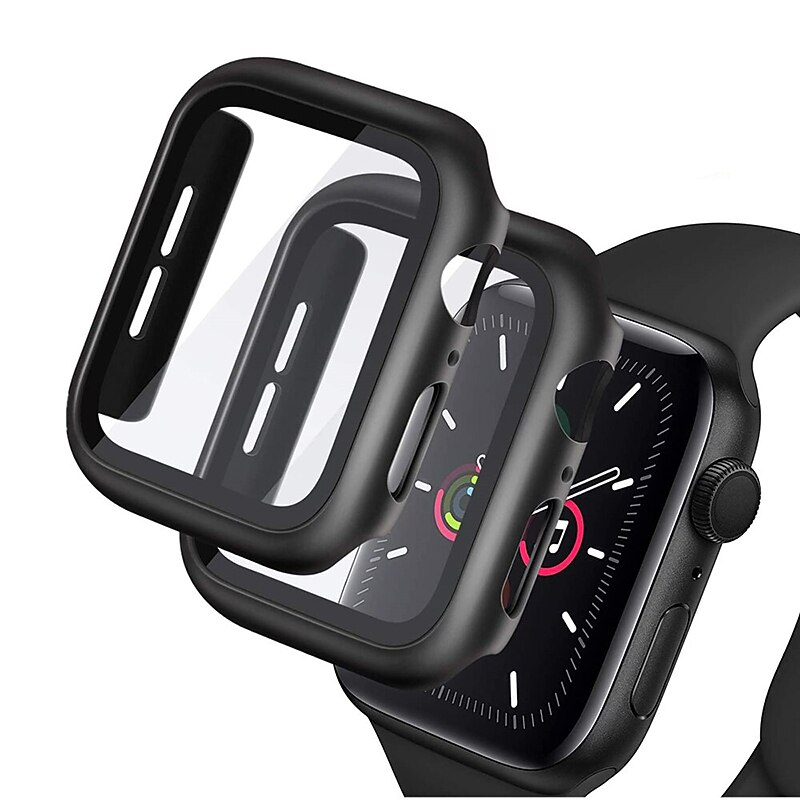 [2 pack] Case for Apple Watch Series 6/SE/5/4 /3/2/1 44mm 42mm 40mm 38mm Tempered Glass Screen Protector, Hard PC Ultra-thin Bumper HD Clear Film Full Coverage Cover Black