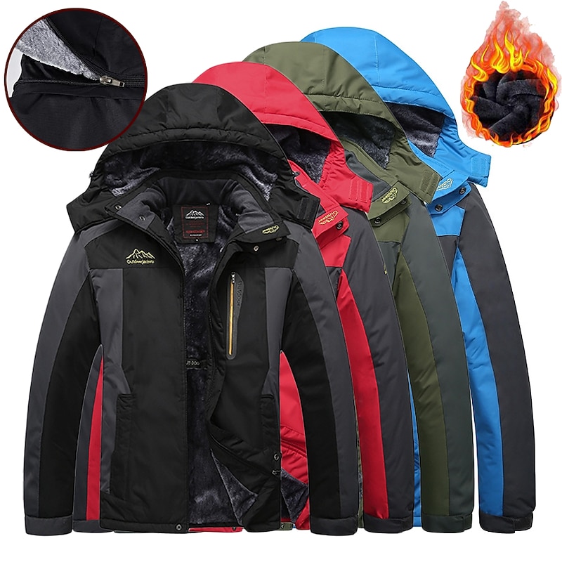 Men's Hiking Jacket Ski Jacket Hiking Windbreaker Fleece Winter Outdoor Windproof Breathable Hoodie Winter Jacket Top Single Slider Hunting Fishing Climbing Army Green Black Red Blue2
