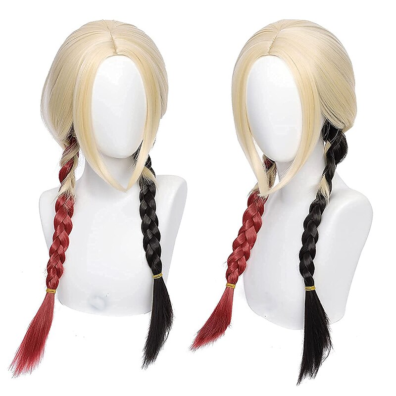 Harley Quinn Wig Clown Wig Long Blonde Wig with Red and Black Braided Wigs Ponytails Pigtails Clown Cosplay  Cosplay  Women 2021 Halloween Wig3