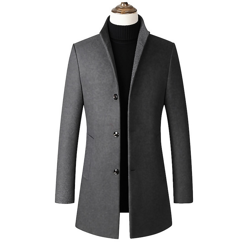 Men's Winter Coat Wool Coat Overcoat Office & Career Daily Wear Winter Polyester Thermal Warm Washable Outerwear Clothing Apparel Fashion Warm Ups Solid Colored Pocket Standing Collar Single Breasted