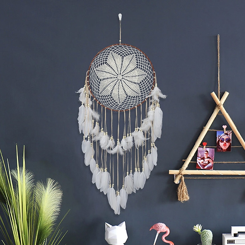Dream Catcher Star Coffee Three Rings Handmade Gift with White Feather Wall Hanging Decor Art Wind Chimes Rural Style Home Pendant 35cm4