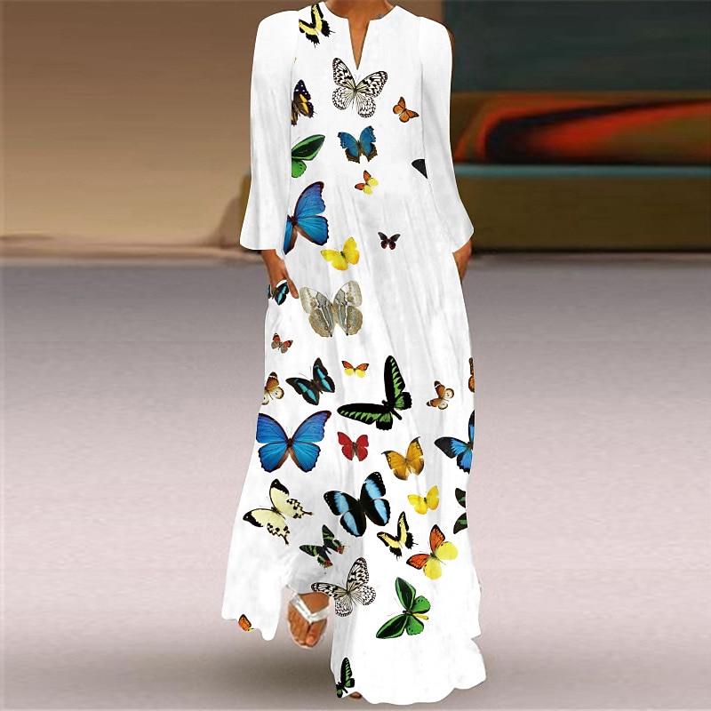 Women's Maxi Dress  Shift Dress Swing Dress Long Dress Green Blue Grey White Black Long Sleeve Feather Butterfly Pocket Print Summer Spring V Neck Stylish Casual Dress 2023 S M L XL XXL XXXL 4XL 5XL4