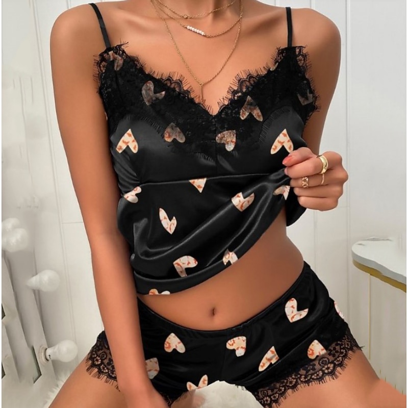 Women's Pajamas Nighty Pjs Sets 2 Pieces Heart Letter Fashion Hot Gothic Home Bed Satin Silk Breathable Gift V Wire Sleeveless Strap Top Shorts Elastic Waist Print Summer Spring Home Outfits4
