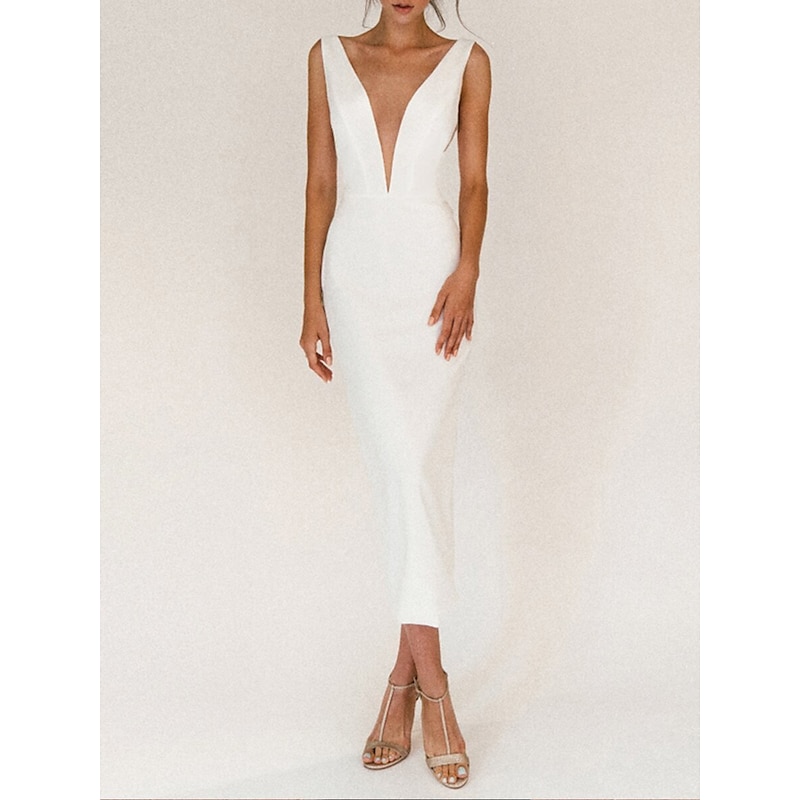 Beach Wedding Reception Little White Dress Bridal Shower Dresses Wedding Dresses Sheath V Neck Sleeveless Ankle Length Satin Bridal Gowns With / Solid