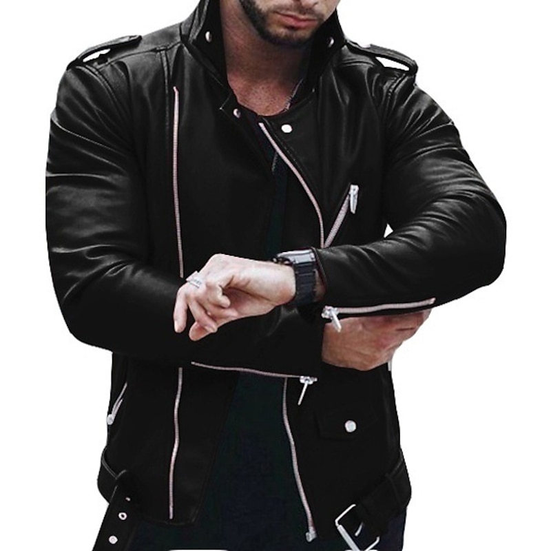 Men's Faux Leather Jacket Transition Jacket Jacket Biker Jacket Outdoor Street Thermal Warm Windproof Pocket Spring Fall Solid Color Streetwear Sporty Turndown Regular Faux Leather Regular Fit Black4