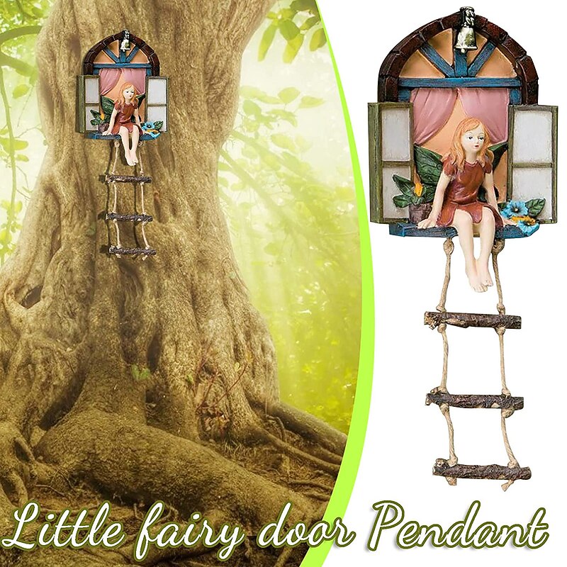 Fairy House Tree Hanging Figurine Window Sitting Fairy Ladder Resin Craft Statue Outdoor Ornament For Home Garden Yard Art Decor4