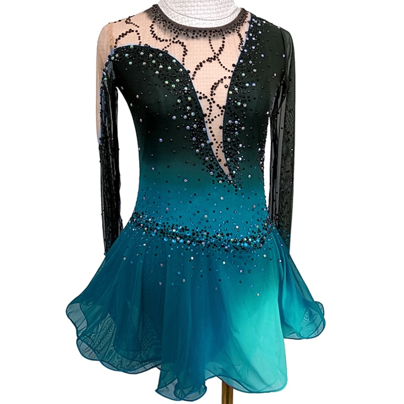 Figure Skating Dress Women's Girls' Ice Skating Dress Outfits Black / Red Black / Blue Open Back Asymmetric Hem Mesh Spandex High Elasticity Practice Competition Skating Wear Handmade Crystal3