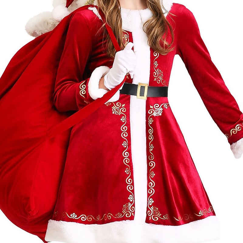 Santa Suit Santa Claus Mrs.Claus Cosplay Costume Outfits Christmas Dress Santa Clothes Girls' Christmas Special Kid's Christmas Carnival Masquerade Christmas Dress Gloves Belt Hat4