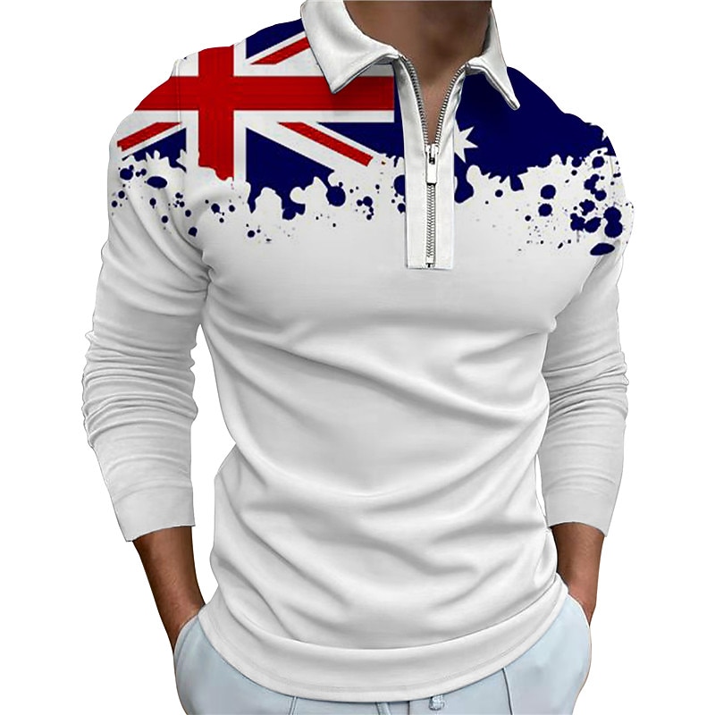 Men's Veterans Patriotic Zip Polo Shirts Golf Shirt Long Sleeve Polo Shirts Collared Shirts Casual Streetwear Vacation Wear Party Outfits 3D Print Quarter Zip Polo White & Blue Black White