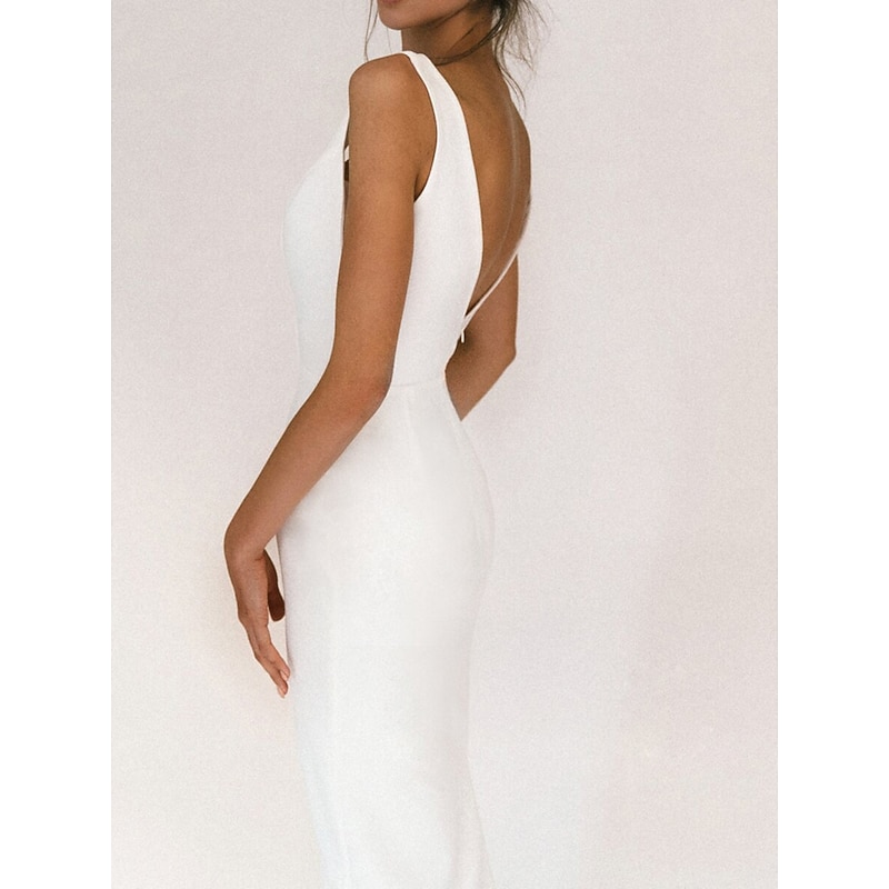 Beach Wedding Reception Little White Dress Bridal Shower Dresses Wedding Dresses Sheath V Neck Sleeveless Ankle Length Satin Bridal Gowns With / Solid Color4