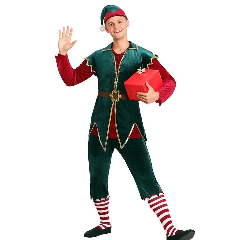 Santa Suit Santa Claus Elf Cosplay Costume Outfits Santa Clothes Elf Costume Men's Christmas Special Adults' Christmas Carnival Masquerade Christmas Christmas Gifts Festival Top Pants Belt Socks Hat