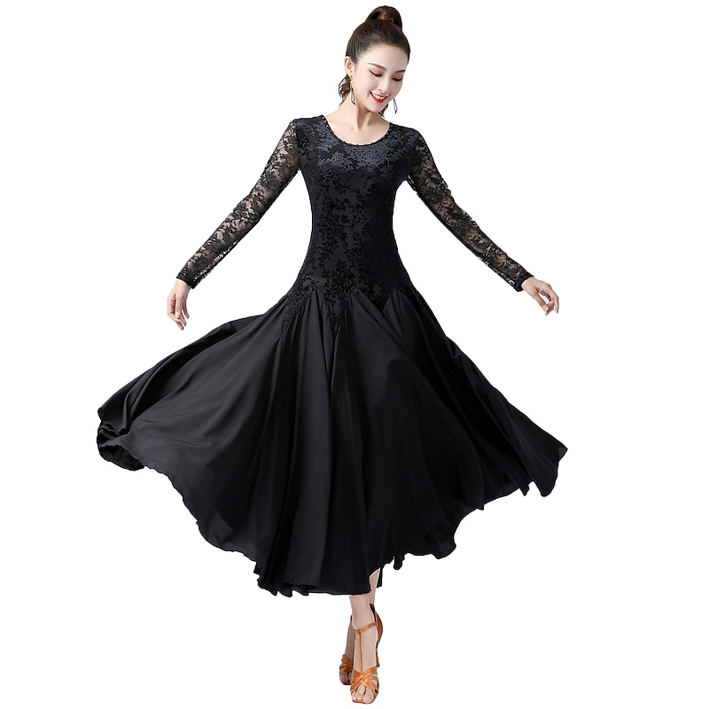 Ballroom Dance Dress Splicing Women's Performance Training Long Sleeve High Velvet2
