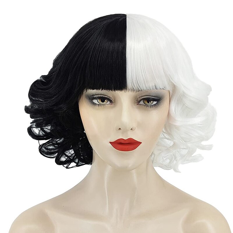 Witches/Wizard Wig Black White Wigs Cruella Deville Women 12inch Short Bob Hair Wig with Bangs,Cute Wigs for Party Cosplay Wigs White Wig Black Wig Halloween Wigs3